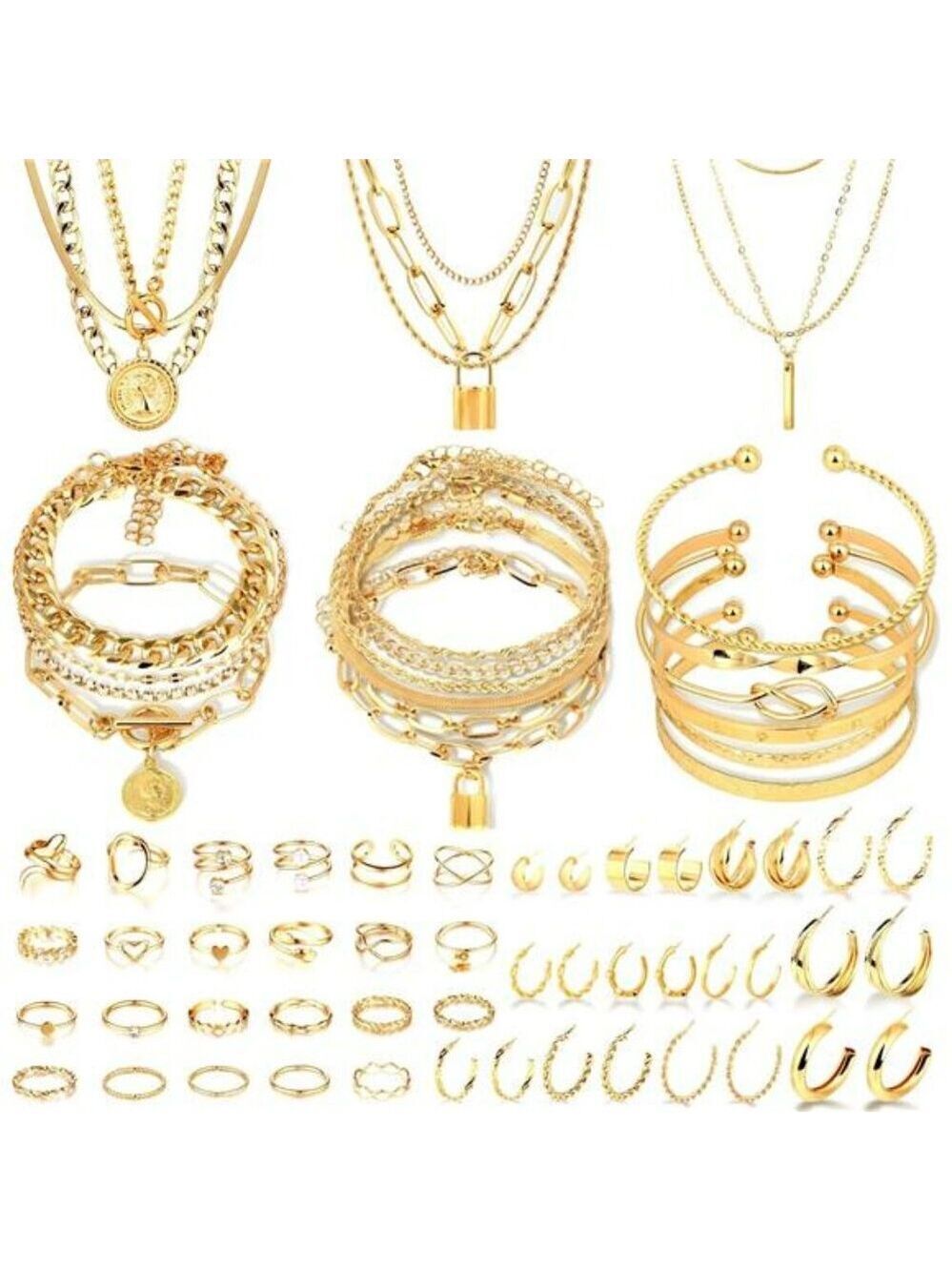 Gold Jewelry Set Women Layered Necklaces Hoop Earrings Bracelets Rings Boho Gift